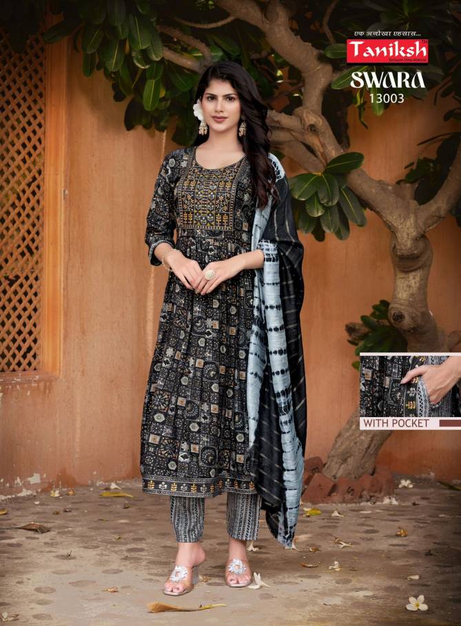 Swara Vol 13 By Taniksh Rayon Printed Embroidery Kurti With Bottom Dupatta Wholesale Online
